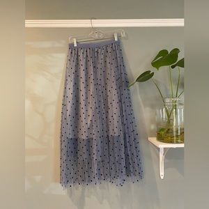 Blue Tulle Black Polka Dot Velvet waistband Midi Skirt
